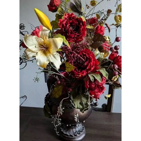 Silk Fall Floral Arrangement Metal Urn Vase Red Roses Yellow Lilies Flowers - Picture 6 of 6